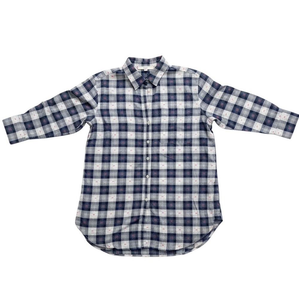 LOFT Womens M Plaid Button Down Shirt Navy Gray Pink Embroidered Cotton NWT